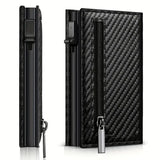 New RFID Cowhide Passport Holder Wallet Passport Bag Protective Cover Carbon Fiber Pattern Anti-theft Brush Wallet Automatic Pop-up Zipper First Layer Genuine Leather Men's Wallet
